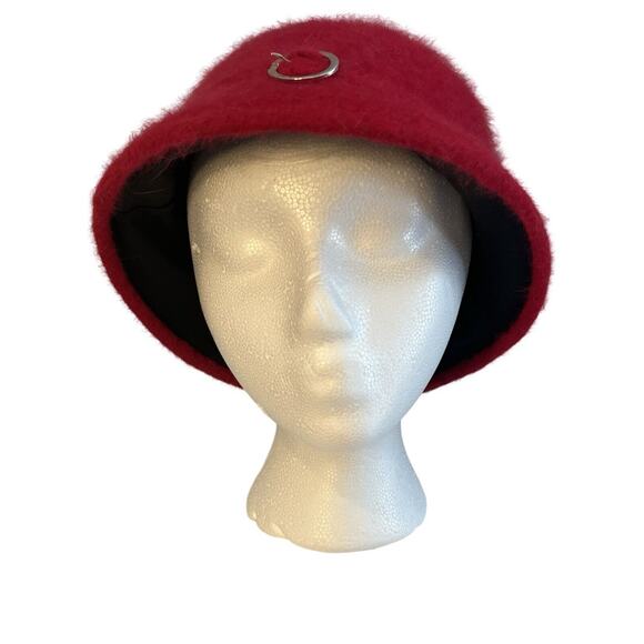 Vintage Ophelie Montreal Hat Red Angora Rabbit Fur Silver Buckle Bucket Hat - Picture 1 of 7